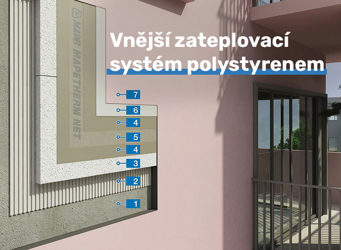 Detail vrstev zateplovacího systému s polystyrenovou izolací na fasádě.